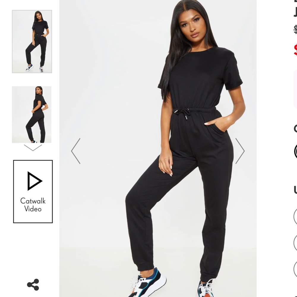 PrettyLittleThing Black Short Sleeve Drawstring Tie Waist Jumpsuit, Size M